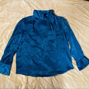 Worthington High Neck TEAL Long Sleeve Bow Blouse